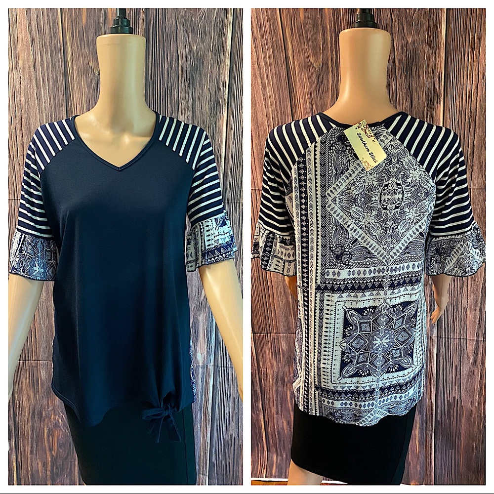 Southern Stitch size small NWT dark navy blue & white stripes & boho pattern